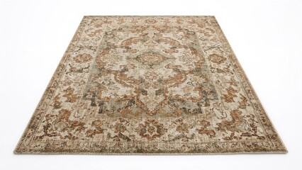 Persian-style area rug with intricate patterns and earthy tones on a white background. Classic and decorative home decor piece.