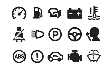 Essential car dashboard icons: fuel, engine, battery, temperature, and more