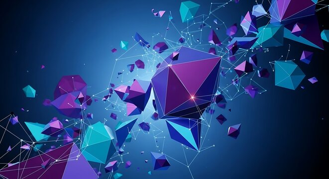 Abstract geometric shapes exploding with vibrant purple and teal colors