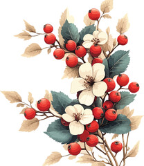 Autumn leaf and red berry floral frame decoration on white