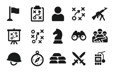 Military strategy icons: chess, weapons, compass, planning tools