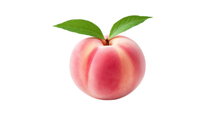 Fresh peach with green leaves, isolated on transparency background, showing soft fuzzy skin and vibrant pink color, symbolizing summer and healthy eating
