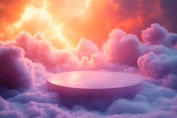 Elevated podium on soft clouds with dramatic orange sky provides dreamy product showcase