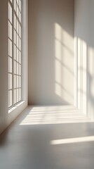 Obraz premium Empty room corner with a large grid window casting warm geometric sunlight patterns on the light walls and floor