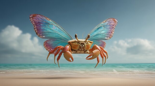 A flying crab with bright translucent butterfly wings hovers over the beach against the background of the blue sea and clouds. Fabulous hybrids of crab and butterfly.