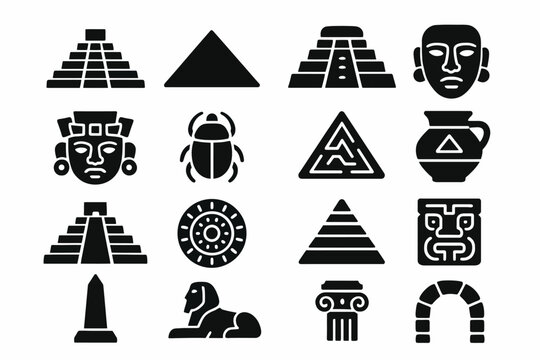 Ancient symbols and structures: pyramids, sphinx, scarab, and more icon set