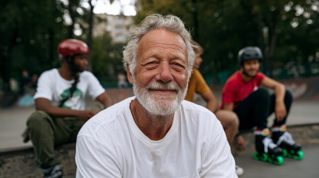 Old man sitting on skateboard at park.
