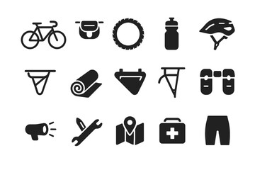 Bicycle accessories icons set including helmet, tire, water bottle, tools, map, and first aid kit