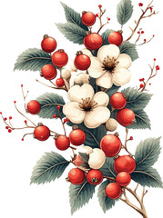Christmas decoration with red holly berries and green leaves on a pine branch for the winter holiday season