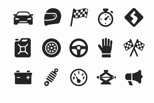 Set of racing and automotive icons featuring helmets, flags, and speedometer elements