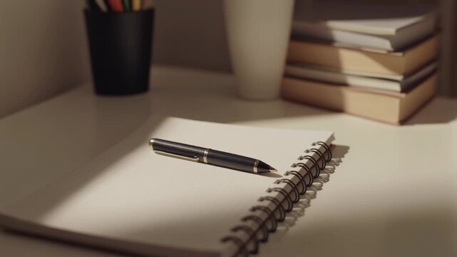 A quiet creative moment is caught as notebook and pen rest peacefully on tidy desk