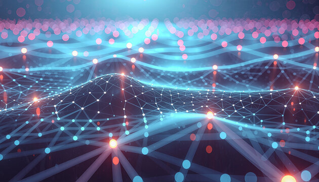 Abstract network of connected nodes with blue lines and red dots on a dark background. - Powered by Adobe