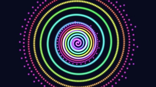 Vibrant, glowing circles in a spiral pattern against a black background. Bright colors overlap in a mesmerizing design, creating a visually striking and captivating image