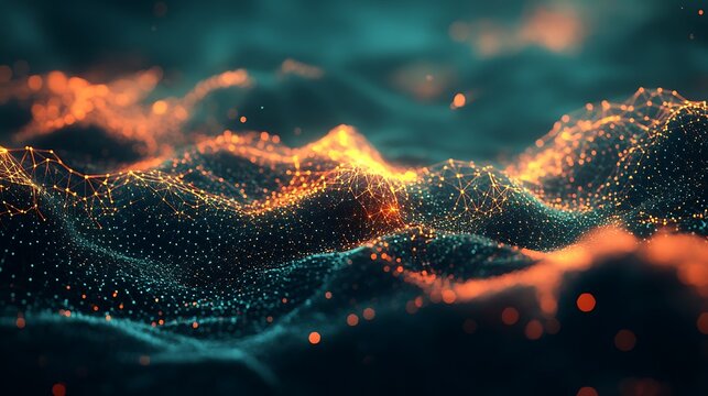 Energetic glowing orange and blue particles highlight a dynamic digital data network and flowing information