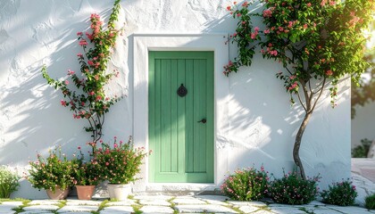 緑の扉と花咲く庭の小さな家｜春・癒し・背景・教育に使える高解像度イメージ
