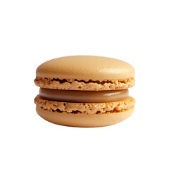 Golden macaron dessert with creamy filling on white background  