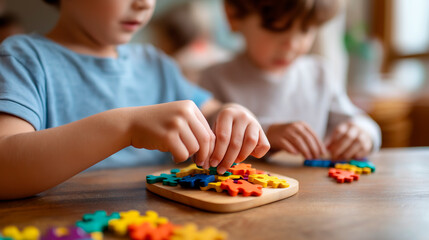 Young youngsters hands playing with colorful jigsaw puzzle faceless children defocused wooden table background educational game enhancing motor skills cognitive development ear