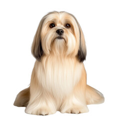 Fluffy dog sitting calmly on white background  