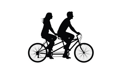 Obraz premium Silhouette of a couple riding a tandem bicycle together, man steering and woman holding on, simple vector art for partnership and travel concepts, isolated on white background
