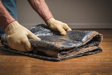 Worker folds moving blanket while preparing for relocation in a home during the afternoon