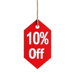 Discount tag with red background showing 10% off for sale  