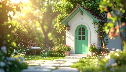 緑の扉と花咲く庭の小さな家｜春・癒し・背景・教育に使える高解像度イメージ
