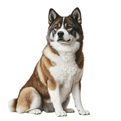 Sitting Alaskan husky dog looking at camera on white background  