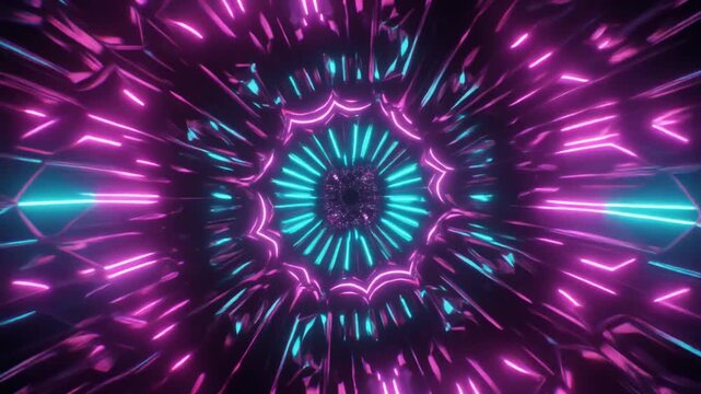 Hypnotic neon kaleidoscope rotating with intricate patterns shifting rhythmically in bright luminous detail dynamic motion