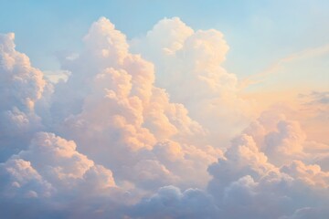 Ethereal cloudscape Fluffy cumulus clouds bathed in soft pastel sunrise hues, a dreamy spectacle