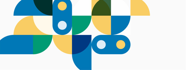 Abstract geometric shapes overlap, creating colorful visual composition. Greens, blues, yellows dominate design. Simple forms suggest movement.