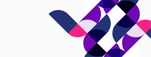 Fototapeta premium Abstract geometric shapes overlap, creating vibrant pattern. Pink, purple, navy hues dominate white background. Modern design element.