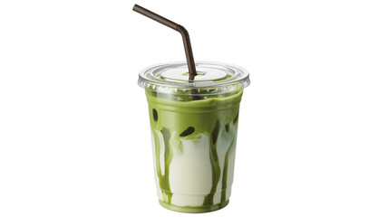 Iced matcha latte with milk swirl in clear plastic cup against transparent backdrop showing cold beverage with straw for refreshing drink and modern cafe vibe