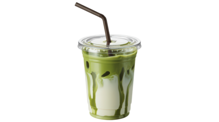 Iced matcha latte with milk swirl in clear plastic cup against transparent backdrop showing cold beverage with straw for refreshing drink and modern cafe vibe