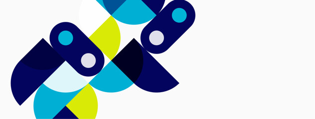Abstract geometric shapes overlap. Blue, light blue, yellow hues dominate white background. Modern design elements present.