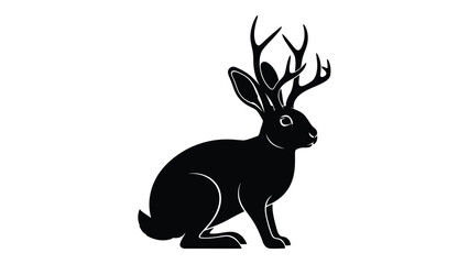 Naklejka premium Black silhouette of a mythical jackalope or hare with large deer antlers sitting profile view, clean vector art, logo design concept, isolated on white background