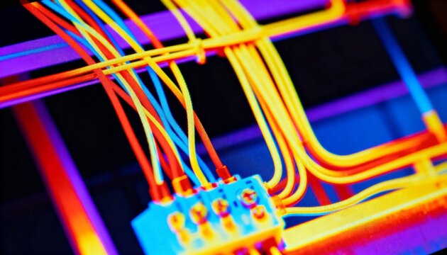 Closeup of thermal imaging screen showing heat patterns on electrical wiring highlighting potential fault areas in a commercial building.