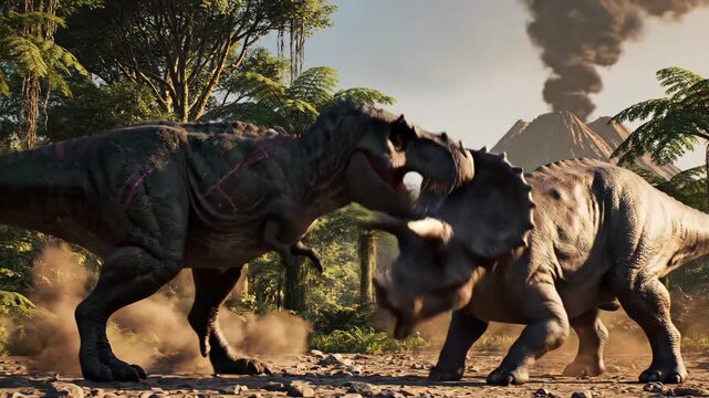 Fierce Dinosaurs Roaming in a Lush, Prehistoric Jungle Landscape