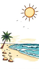 Rough hand-drawn tropical beach scene doodle art with sun, waves, and palm tree Perfect for vintage posters,  organic,  hand drawn