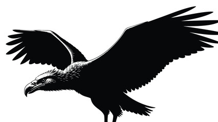 Naklejka premium Majestic black and white eagle soaring with wide spread wings, detailed engraving style vector illustration, powerful bird emblem design, isolated on white background