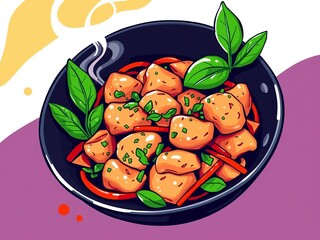 Spicy basil stir-fry with chicken, colorful Thai menu illustration, bold flavors vector,  stir fry,  vibrant