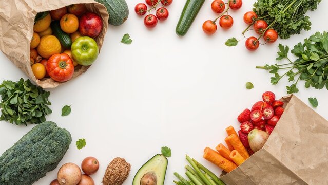 Fresh fruits and vegetables arranged on a white background with paper bags, showcasing healthy produce and grocery shopping. - Powered by Adobe