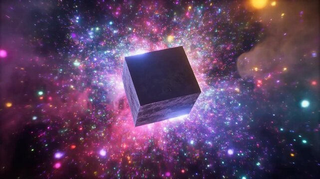 Floating 3D cube with colorful smoke swirls and sparkling particles drifting slow in dreamlike space