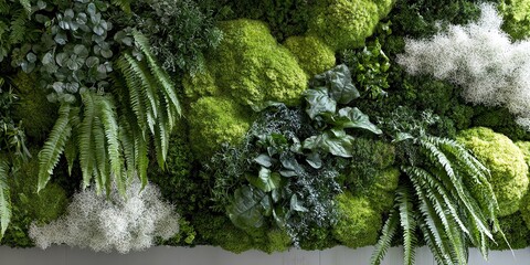 Lush green wall showcasing various plants and moss in a modern indoor setting