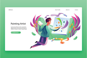 Artist Painting on Canvas with Colorful Abstract Elements