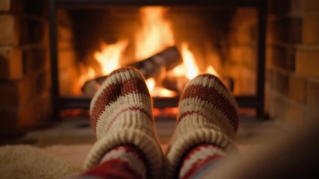 A winter comfort moment is caught as wool socks rest near a glowing fireplace