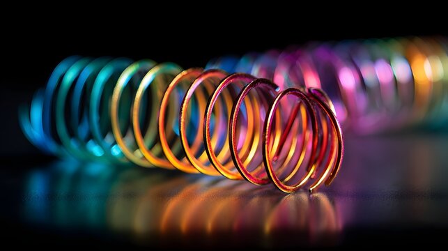 Rainbow colored spring toy stretches across a dark surface with vibrant reflections