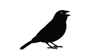 Obraz premium Black silhouette of a small songbird perched with open beak singing or chirping, simple graphic icon, flat vector art design, isolated on white background