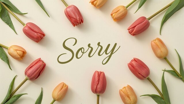Sorry with tulips arranged around it, floral greeting card or apology message.