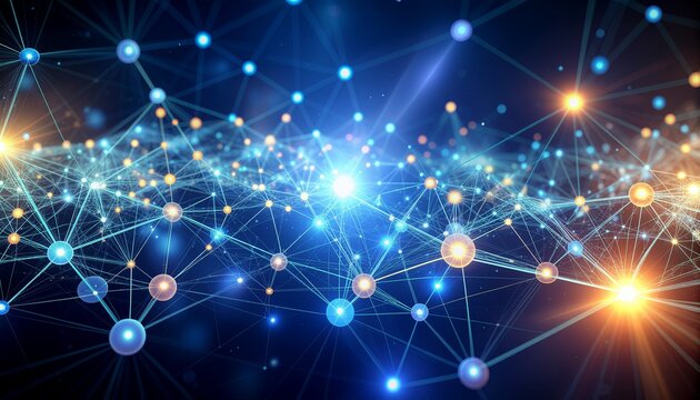 Abstract network of glowing nodes and connecting lines, representing data flow and digital connections in a futuristic digital space.