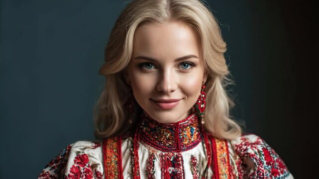 Slavic woman in embroidered shirt. European folk costume for cultural event. Traditional clothing celebration. Beautiful girl portrait in tradition attire.